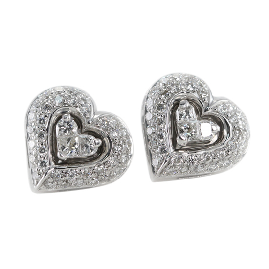 18k White Gold invisible Setting Princess & Round Cut Diamond Heart Earrings (0.75 Ct, H Color, SI2 Clarity)