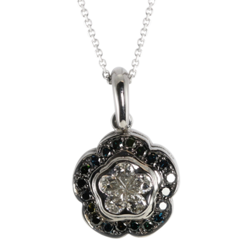18k White Gold Invisible Setting Pear and Round Cut Diamond Flower Pendant (0.64 Ct, White & Black (Color Irradiated) Diamonds, SI1 Clarity)