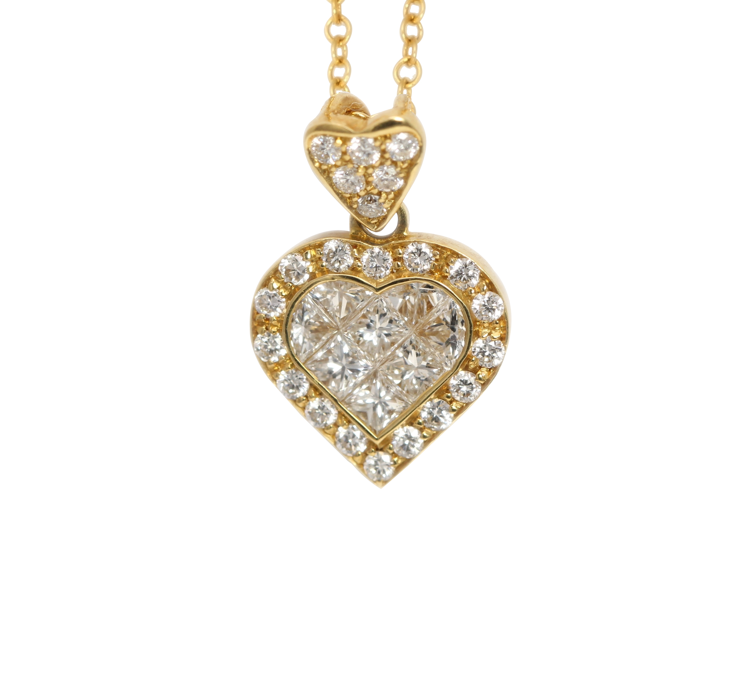 18k Yellow Gold Princess & Round heart elegant modern classic diamond pendant with set bezel(1 ct, H, SI)