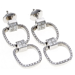 18K White Gold Dangle Earrings With Invisible Set Princess & Round Cut Diamonds  (1.81 Ct., G Color, VS1 Clarity)