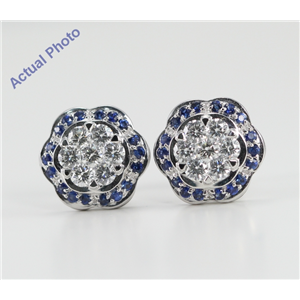 18K White Gold Invisible Setting Round Cut Diamond Flower Earrings (0.77 Ct, G Color With Surrounding Blue Sapphire Stones, Vs Clarity)