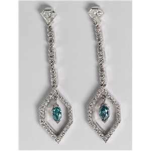 18K White Gold Marquise & Round Cut Diamond Earrings (1.32 Ct, Blue (Color Irradiated) & White Diamonds, Vs1-Vs2 Clarity)