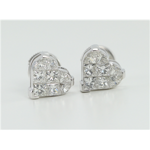 18K White Gold Invisible Setting Princess Cut Diamond Heart Earrings (1.5 Ct, G Color, Vs Clarity)