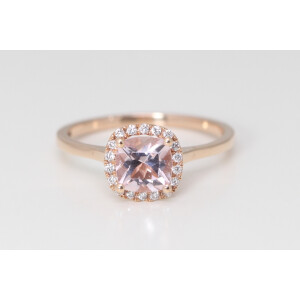 14K Rose Gold Cushion Natural Mined Morganite & Diamond Halo Ring (Pink Morganite & White Diamonds Vs2)