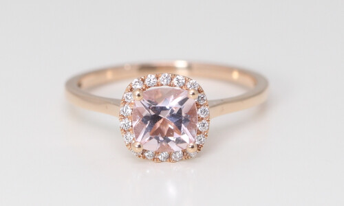 14K Rose Gold Cushion Natural Mined Morganite & Diamond Halo Ring (Pink Morganite & White Diamonds Vs2)