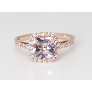 14K Rose Gold Cushion Natural Mined Morganite & Diamond Halo Ring (Pink Morganite & White Diamonds Vs2)