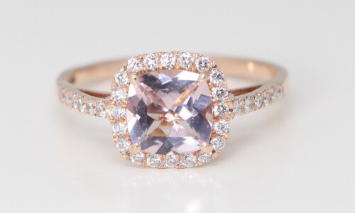 14K Rose Gold Cushion Natural Mined Morganite & Diamond Halo Ring (Pink Morganite & White Diamonds Vs2)