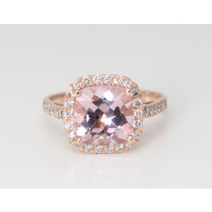 14K Rose Gold Cushion Natural Mined Morganite & Diamond Halo Ring (Pink Morganite & White Diamonds Vs2)