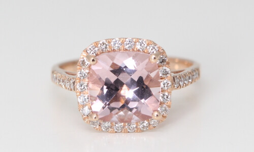 14K Rose Gold Cushion Natural Mined Morganite & Diamond Halo Ring (Pink Morganite & White Diamonds Vs2)