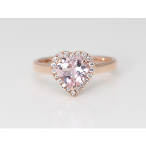 14K Rose Gold Heart Natural Mined Morganite & Diamond Halo Ring (Pink Morganite & White Diamonds Vs2)