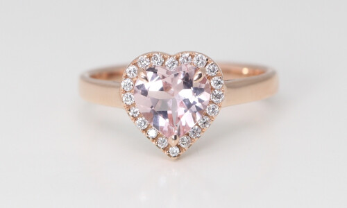 14K Rose Gold Heart Natural Mined Morganite & Diamond Halo Ring (Pink Morganite & White Diamonds Vs2)