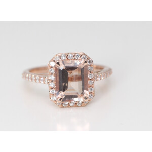 14K Rose Gold Radiant Natural Mined Morganite & Diamond Halo Ring (Peach Morganite & White Diamonds Vs2)