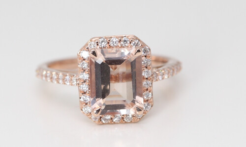 14K Rose Gold Radiant Natural Mined Morganite & Diamond Halo Ring (Peach Morganite & White Diamonds Vs2)