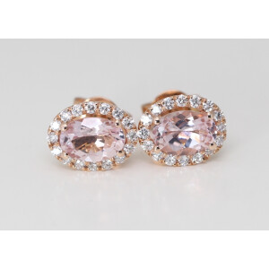 14K Rose Gold Oval Natural Mined Morganite & Diamond Halo Earrings (Pink Morganite & White Diamonds Vs2)