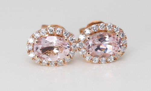 14K Rose Gold Oval Natural Mined Morganite & Diamond Halo Earrings (Pink Morganite & White Diamonds Vs2)