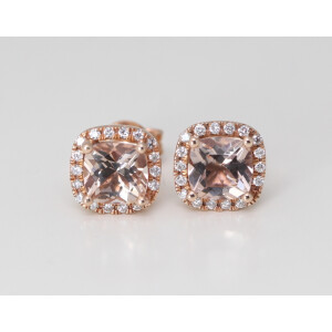 14K Rose Gold Cushion Natural Morganite & Diamond Halo Earrings (Peach Morganite & White Diamonds Vs2)