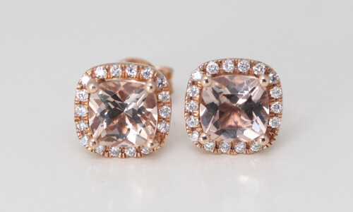 14K Rose Gold Cushion Natural Morganite & Diamond Halo Earrings (Peach Morganite & White Diamonds Vs2)