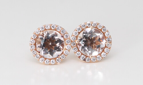 14K Rose Gold Round Cut Natural Mined Morganite & Halo Earrings (Peach Morganite & White Diamond,Vs2 Clarity)