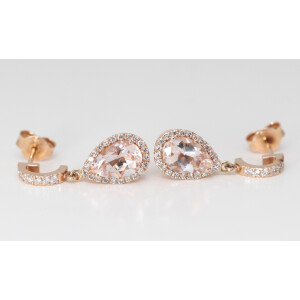 14K Rose Gold Pear Morganite & Diamond Teardrop Halo Earrings (Peach Morganite & White Diamonds Vs2)