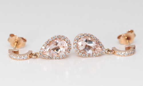 14K Rose Gold Pear Morganite & Diamond Teardrop Halo Earrings (Peach Morganite & White Diamonds Vs2)