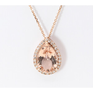 14K Rose Gold Pear Natural Mined Morganite & Diamond Halo Pendant (Peach Morganite & White Diamonds Vs2)