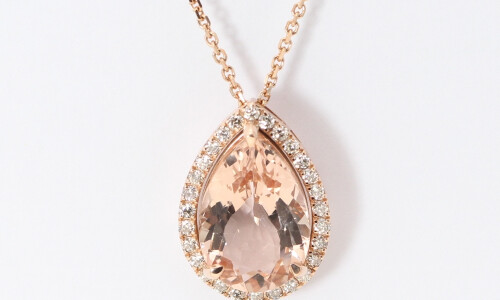 14K Rose Gold Pear Natural Mined Morganite & Diamond Halo Pendant (Peach Morganite & White Diamonds Vs2)