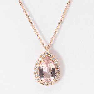 14K Rose Gold Pear Natural Mined Morganite & Diamond Halo Pendant (Peach Morganite & White Diamonds Vs2)