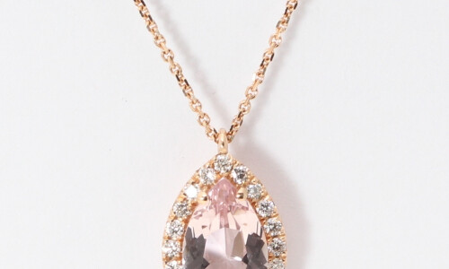 14K Rose Gold Pear Natural Mined Morganite & Diamond Halo Pendant (Peach Morganite & White Diamonds Vs2)