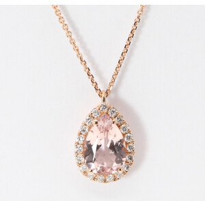 14K Rose Gold Pear Natural Mined Morganite & Diamond Halo Pendant (Pink Morganite & White Diamonds Vs2)