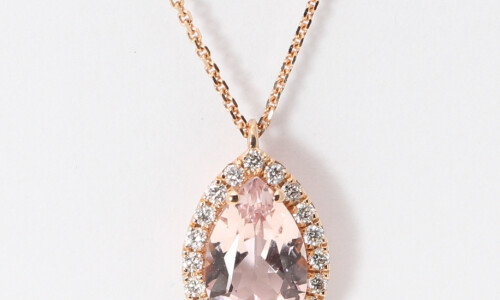 14K Rose Gold Pear Natural Mined Morganite & Diamond Halo Pendant (Pink Morganite & White Diamonds Vs2)