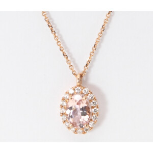 14K Rose Gold Oval Natural Mined Morganite & Diamond Halo Pendant (Pink Morganite & White Diamonds Vs2)