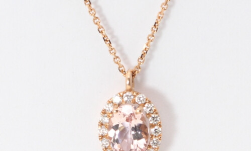 14K Rose Gold Oval Natural Mined Morganite & Diamond Halo Pendant (Pink Morganite & White Diamonds Vs2)