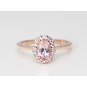 14K Rose Gold Oval Natural Mined Morganite & Diamond Halo Ring (Pink Morganite & White Diamonds Vs2)