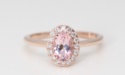 14K Rose Gold Oval Natural Mined Morganite & Diamond Halo Ring (Pink Morganite & White Diamonds Vs2)