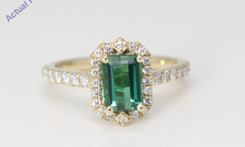 14K Yellow Gold Emerald Natural Tourmaline & Diamond Halo Ring (Green Tourmaline & White Diamonds Vs2)