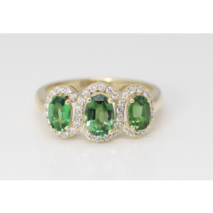 14K Yellow Gold Oval Natural Mined Tourmaline Three Center Stone Halo Ring (1.55 Ct Green Vs2 Clarity)