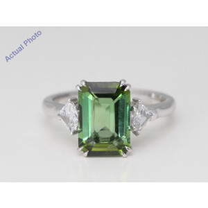 14K Gold Emerald Shield Tourmaline Diamond Shield Side Stone Ring (Green Tourmaline White Diamonds Vs2)