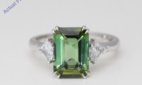 14K Gold Emerald Shield Tourmaline Diamond Shield Side Stone Ring (Green Tourmaline White Diamonds Vs2)