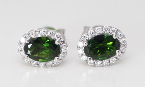 18K Gold Oval Natural Mined Tourmaline & Diamond Halo Earrings (Green Tourmaline & White Diamonds Vs2)