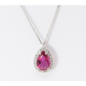 14K Gold Pear Natural Tourmaline & Diamond Teardrop Halo Pendant (Red Tourmaline & White Diamonds Vs2)