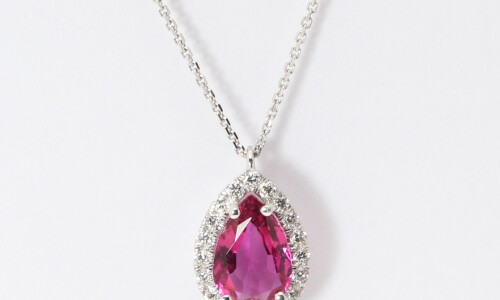 14K Gold Pear Natural Tourmaline & Diamond Teardrop Halo Pendant (Red Tourmaline & White Diamonds Vs2)