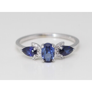 14K White Gold Oval Natural Mined Sapphire Prong Set Three Center Stone Ring (1.2 Ct Blue Vs2 Clarity)