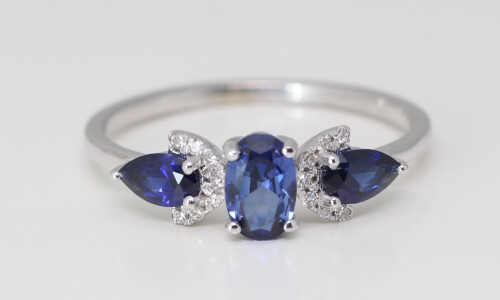 14K White Gold Oval Natural Mined Sapphire Prong Set Three Center Stone Ring (1.2 Ct Blue Vs2 Clarity)