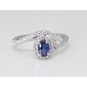 14K Gold Oval Natural Mined Sapphire & Diamond Spiral Halo Ring (Blue Sapphire & White Diamonds Vs2)