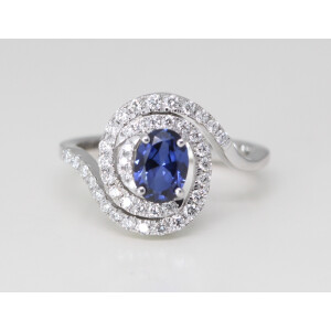 14K Gold Oval Natural Mined Sapphire & Diamond Spiral Halo Ring (Blue Sapphire & White Diamonds Vs2)