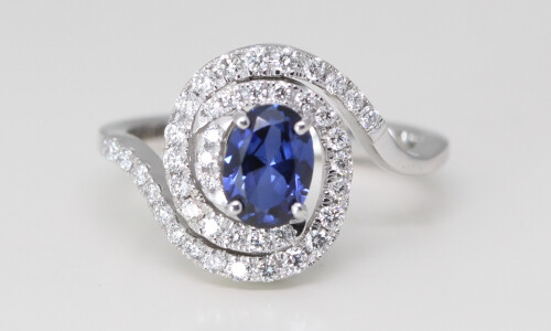 14K Gold Oval Natural Mined Sapphire & Diamond Spiral Halo Ring (Blue Sapphire & White Diamonds Vs2)