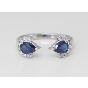 14K Gold Pear Natural Mined Sapphire & Diamond Leaf Pinky Ring (Blue Sapphire & White Diamonds Vs2)