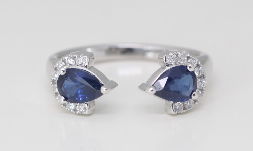 14K Gold Pear Natural Mined Sapphire & Diamond Leaf Pinky Ring (Blue Sapphire & White Diamonds Vs2)