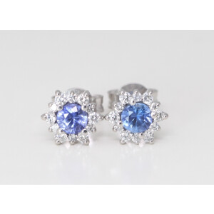 14K Gold Round Natural Mined Sapphire & Starburst Halo Earring (Blue Sapphire & White Diamond,Vs2 Clarity)