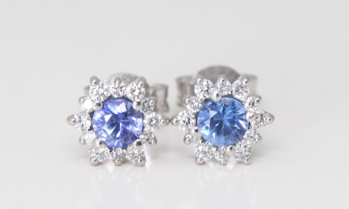 14K Gold Round Natural Mined Sapphire & Starburst Halo Earring (Blue Sapphire & White Diamond,Vs2 Clarity)